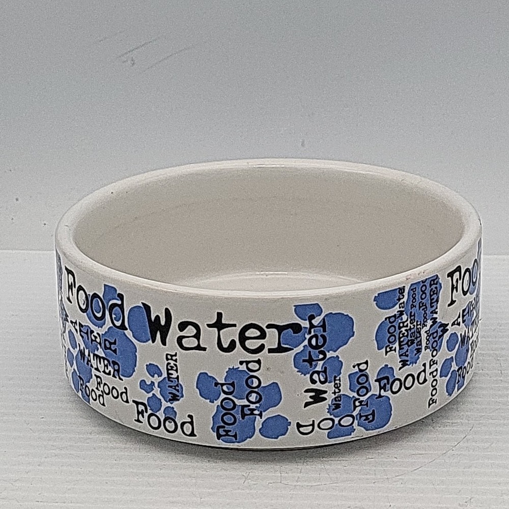 Dog/Cat "Food Water" Blue and White 5" diameter